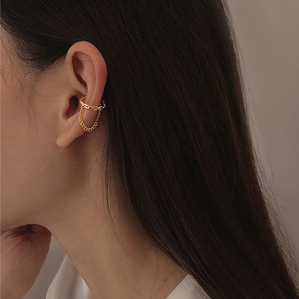 Needway  Gift Clip on Earrings Fashion No Piercing Ear Cuffs Women Chain Party Gold Plated Double Layer Girl Hollow