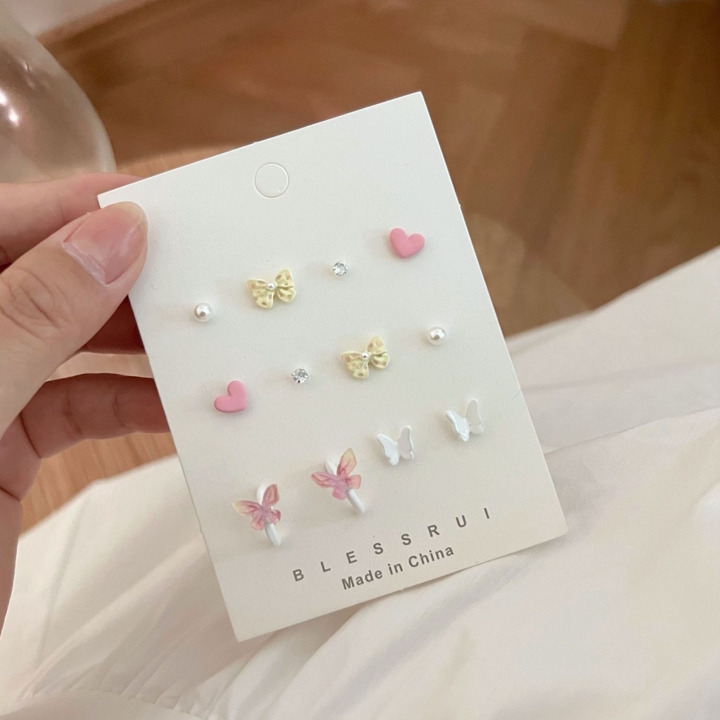 YEEZII 6 Pasang / Set Anting Stud Desain Butterfly Bow Heart Aksen Mutiara Kristal Untuk Wanita