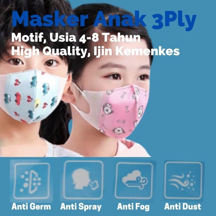 Masker Wajah Anak 3 Ply KEMENKES Motif Isi 50 Pcs Usia 4-8 Tahun