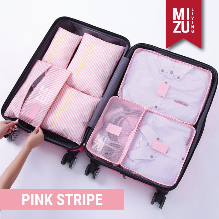 SECRET POUCH Travel Packing Cubes 7in1 Storage Bag Organizer Tas Koper MOTIF-PINK Stripe