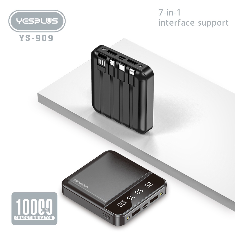 【33LV.ID】POWERBANK 10000mAh YS-909 Fast Charging Murah Mini LCD with Kabel Data lightning Type C Micro USB