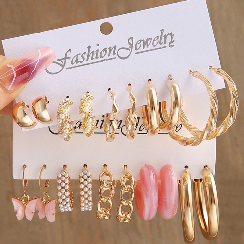 2 Set Anting Stud Kristal Mutiara Bentuk Hati Kupu-Kupu Ular Warna Emas Perak Untuk Wanita
