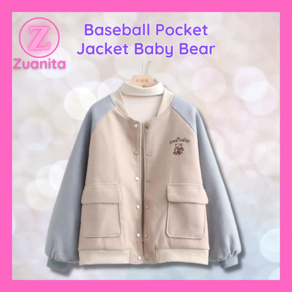 Pocket Baseball Jacket Baby Bear Wanita Jaket Bisbol Kancing Varsity Perempuan Gaya Korea Korean Fas
