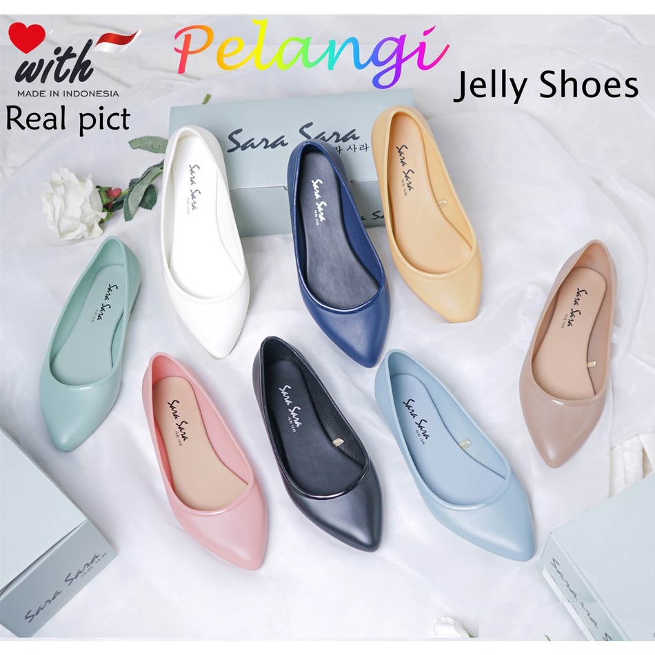 Sara Sara PELANGI Flat Shoes Wanita Jelly Polos Warna Warni Ujung Lancip
