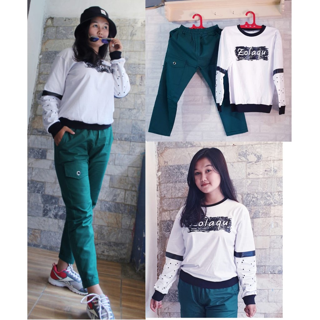 Pantaloni Cargo Numia Warna Hijau Botol dan Kaos Zolaqu Putih Setelan Wanita Trendy Fashion Stars