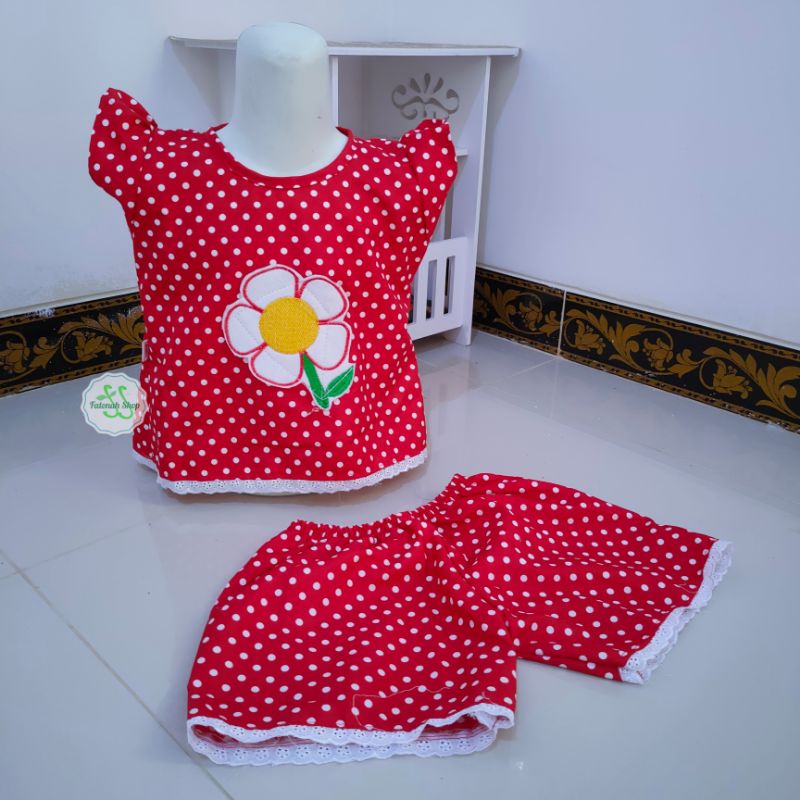 Setelan anak 2 3 4  tahun baju anak cewek perempuan motif polka polkadot atasan lucu ( setelan bunga asteria polka )