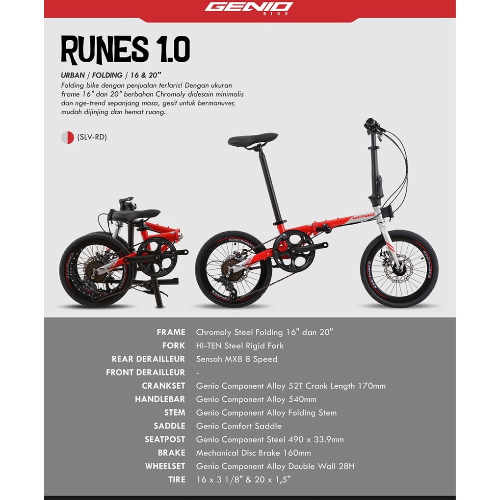 Sepeda Lipat Genio Runes 1.0 Chromoly Sensah 8 Speed Cakram 16 dan 20 inch SNI-5