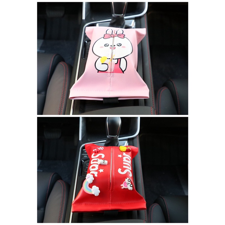 AKSESORIS INTERIOR MOBIL / Tissue Holder Tempat Tissue Kulit Sintetis Karakter Lucu Horisontal