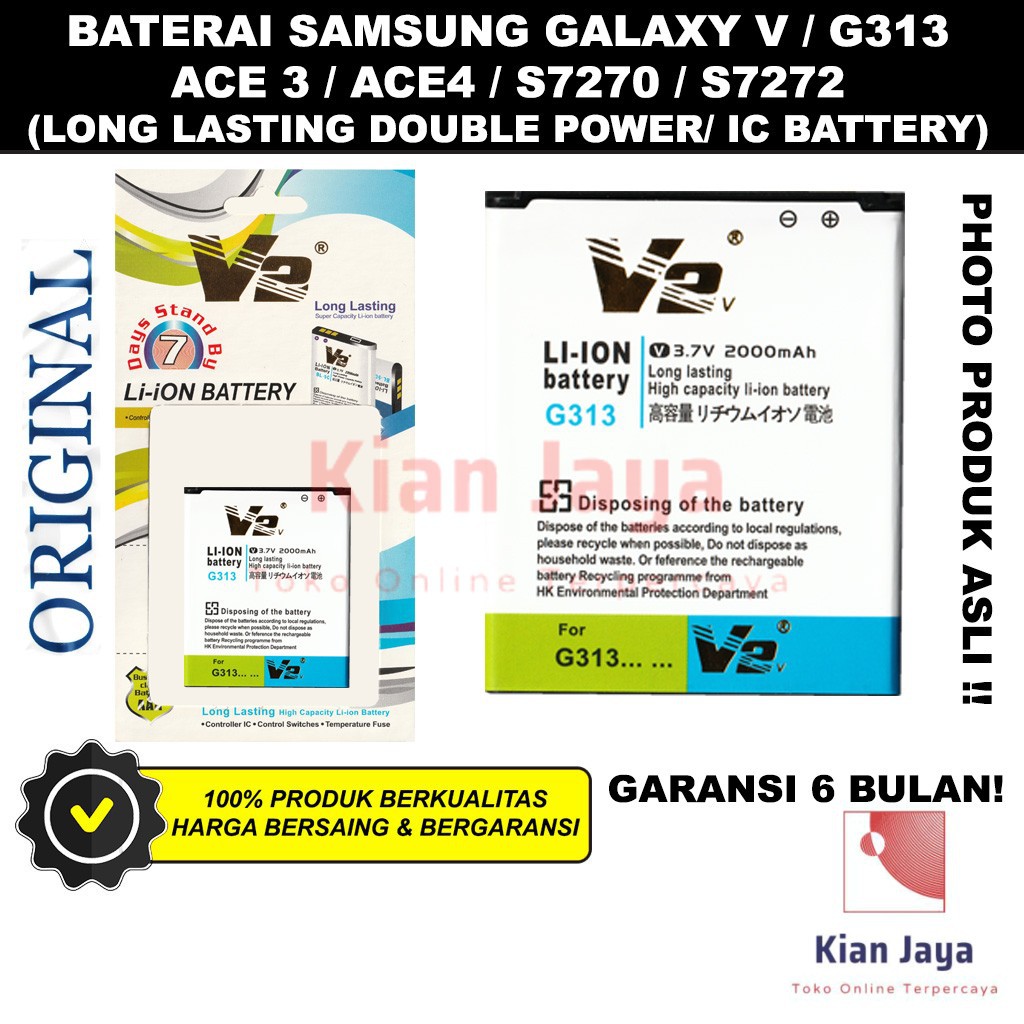 V2 GOLD Baterai Hp Samsung Galaxy V G313 Original Double Power Batre Batrai Battery Long Lasting