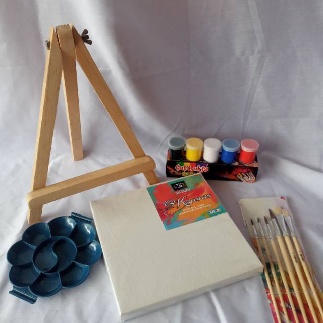 PAKET MELUKIS KANVAS  20x20 LENGKAP EASEL CAT  LUKIS  KUAS 