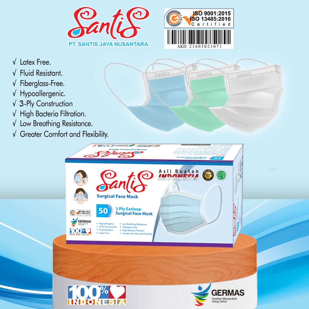 Masker Medis 3ply / Surgical Face Mask / Masker Bedah Santis Ealoop/masker medis 50 ply