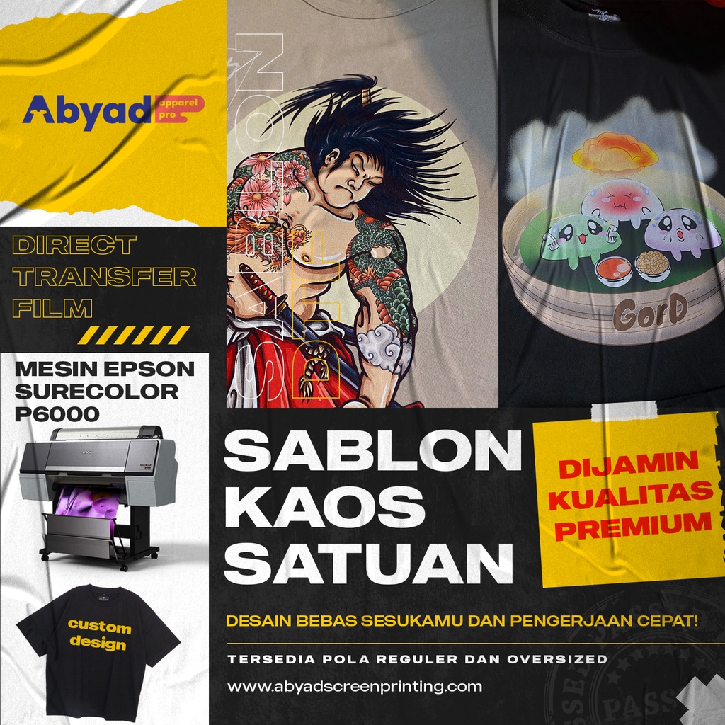 Kaos Custom Sablon Satuan DTF Pola Reguler dan Oversized - Jasa Print DTF Kualitas Premium Abyad Apparel Pro