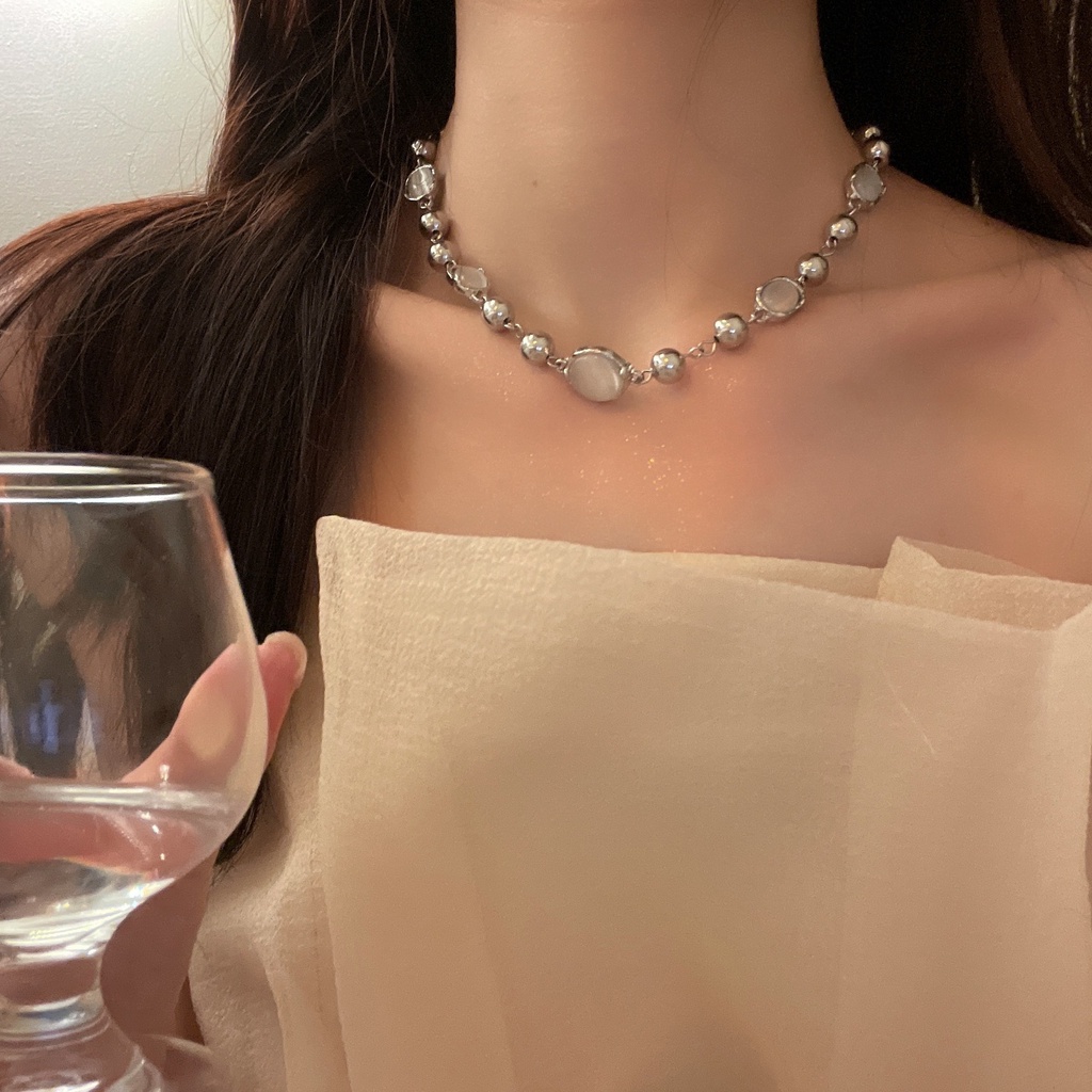 Y2k Kalung Choker Silver Dengan Liontin Batu Opal Estetikkristal Untuk Wanita