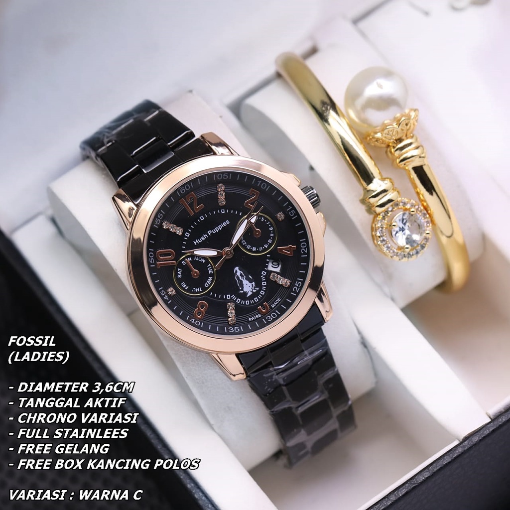 JAM TANGAN ANALOG WANITA FASHION RANTAI TANGGAL AKTIF FREE GELANG