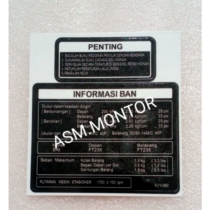 Stiker Informasi Tekanan Ban Beat & Scoppy
