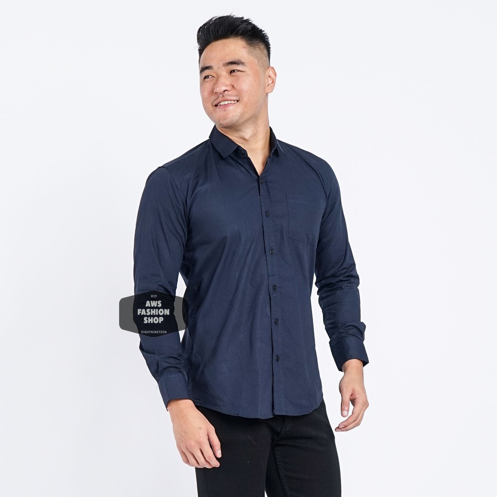 Kemeja Pria Lengan Panjang Polos Biru Navy Dark Blue Navy Polos Slimfit Casual 3264