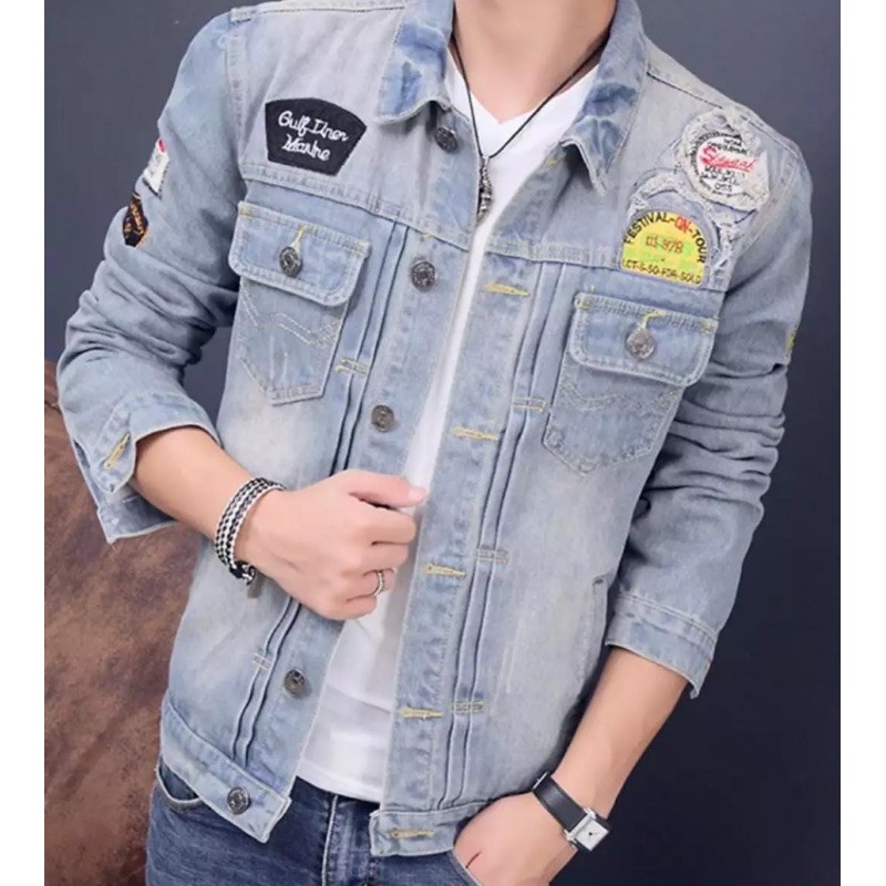 JAKET JEANS PRIA JAKET JEANS EMBLEM TERBARU ATASAN PRIA FASHION PRIA TERBARU JAKET SOBEK JAKET TOPI