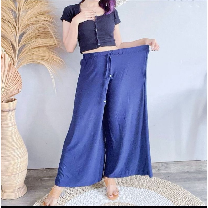 (BISA COD) Celana Panjang Kulot Wanita /Daily Kulot Umbrella Jumbo bahan moscrepe-Biru Navy