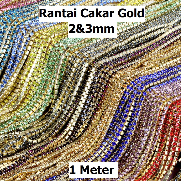 Diamond String Gold / Rantai Cakar Manik-Manik Mutiara Berlian Imitasi Gold Rapat Uk 2 &amp; 3mm Harga/1meter