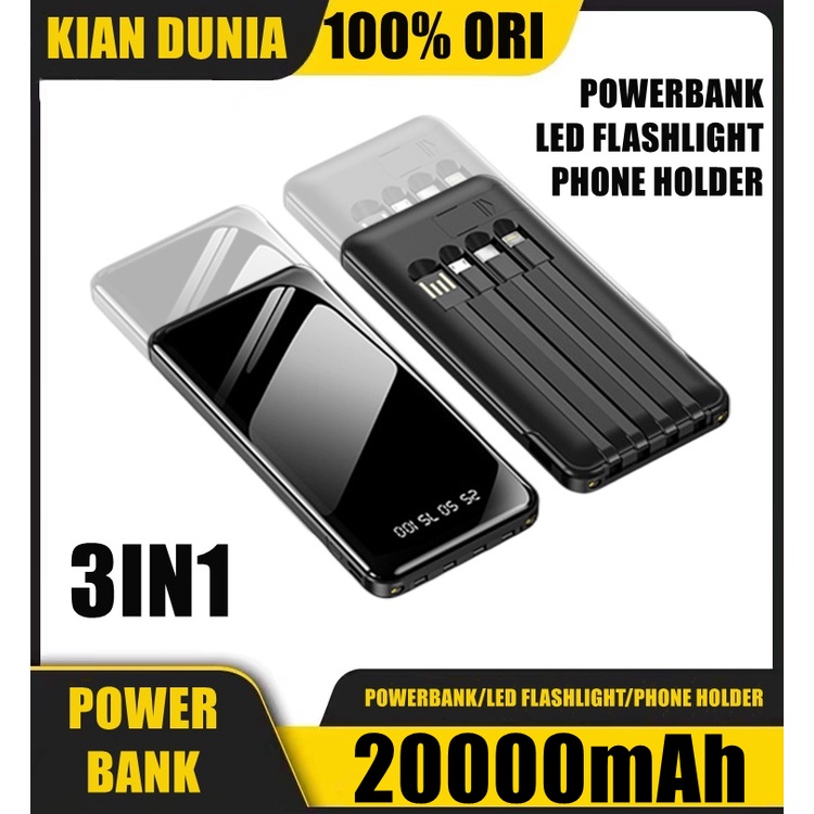 Powerbank 20000mAh 4 Cables Power Bank Fast Charging Full Capacity Portable Digital Display LED 4 Output 2 Input with Kabel Data Type C Micro Lightning