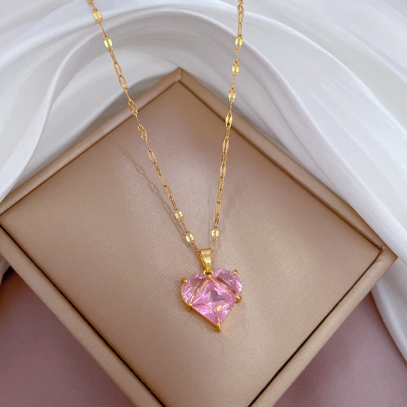 Kalung Rantai Emas 18K Dengan Liontin Hati Hias Kubik Zirkon Pink Hypoallergenic Untuk Wanita