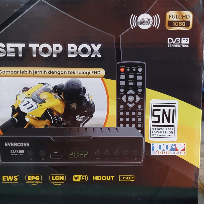 paket Set Top Box STB Evercoss DVB-T2 TV Digital Full HD Wifi Youtube USB mantap