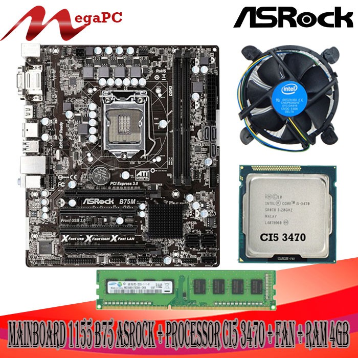 Mainboard 1155 B75 Asrock + Core i5 3470 + FAN + RAM 4GB