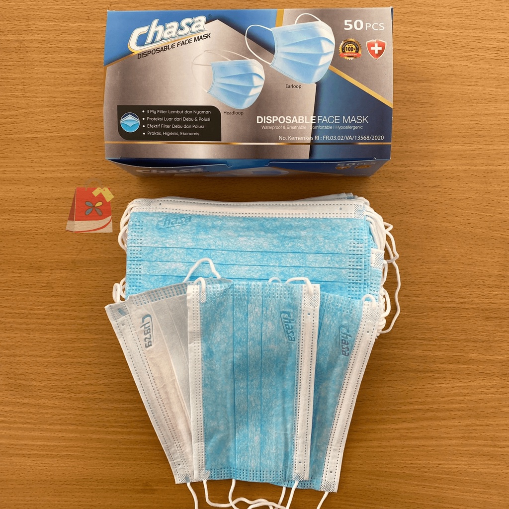 Masker 3ply Earloop Chasa Embos Biru dan Hitam 50pcs