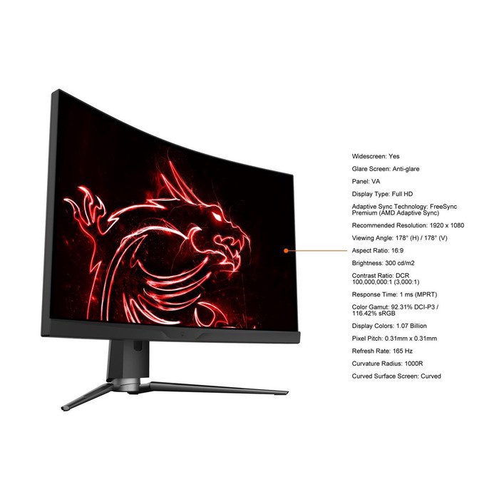 Monitor LED MSI MAG ARTYMIS 242C 24inch 165hz 1ms FHD CURVED 1080p 24&quot;