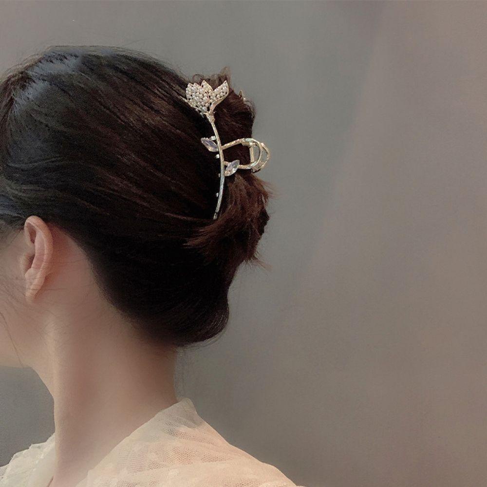 Agustina Wanita Cakar Rambut Trendi Elegan Mutiara Jepit Rambut Lotus Zirkon Hiu Klip