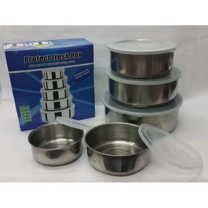 Fresh Box Rantang 5 Susun Stainless Steel Mixing Bowl 5in1 Lunch Box+Tutup Plastik Stainless Storage