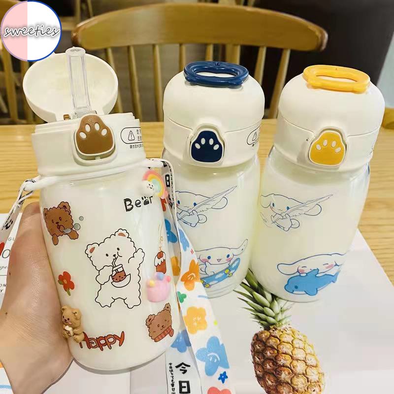 Botol Air Minum portable Transparan Anti Bocor 480ml Dengan Sedotan + Stiker Kartun Untuk Pelajar