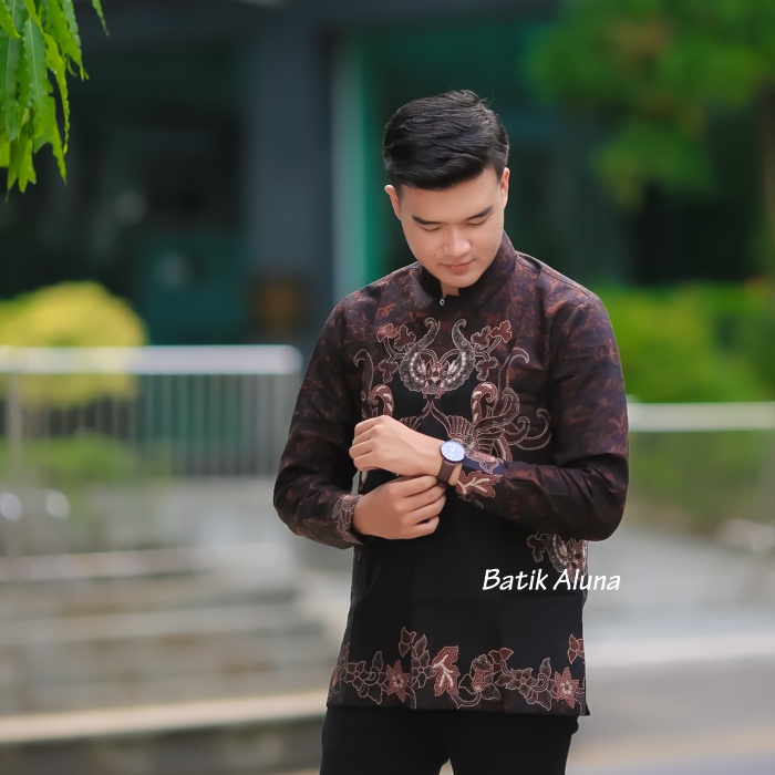 Baju Muslim Pria Batik Premium Dewasa Kemeja Lebaran 2022 Trend Lengan Panjang Modern Furing Katun Adhem Batik Solo Aluna MBA 010