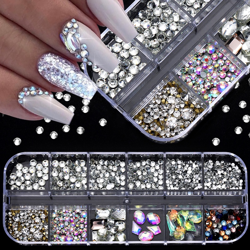 Ab Flat Back Clear Nail Rhinestone 3D Flat Bottom Ukuran Campur Mempesona Nail Art Dekorasi in Wheel