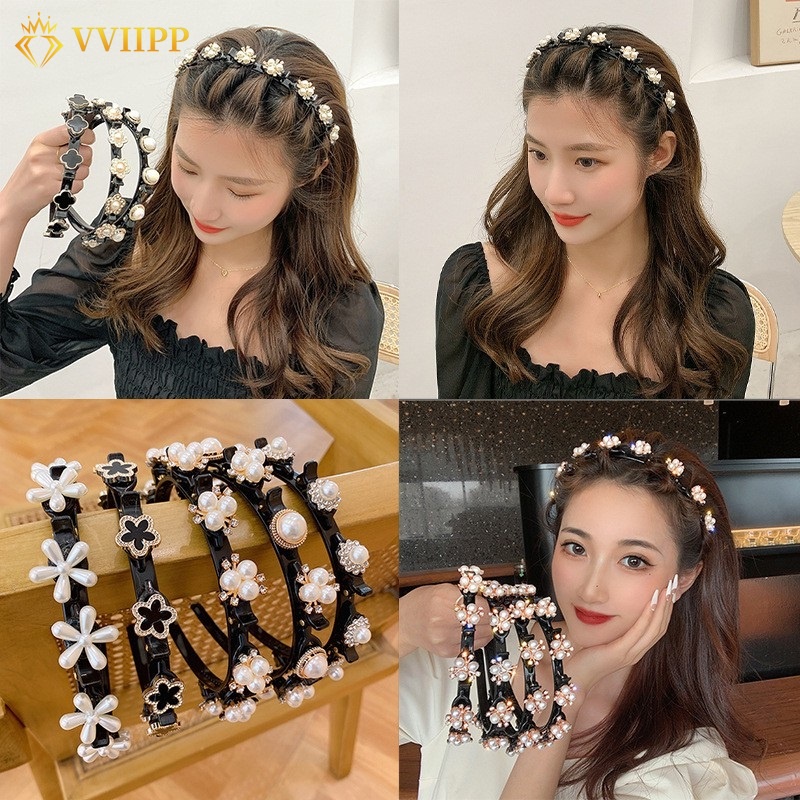 Fashion Pearl Headband Bangs Hairstyle Multi-layer Hollow Woven Headband with Tooth Design Alligator Clip Retro Hairband Face Washing Headdress