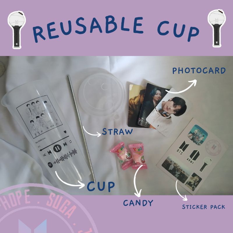REUSABLE CUP BTS include packing+freebies+sedotan stainless