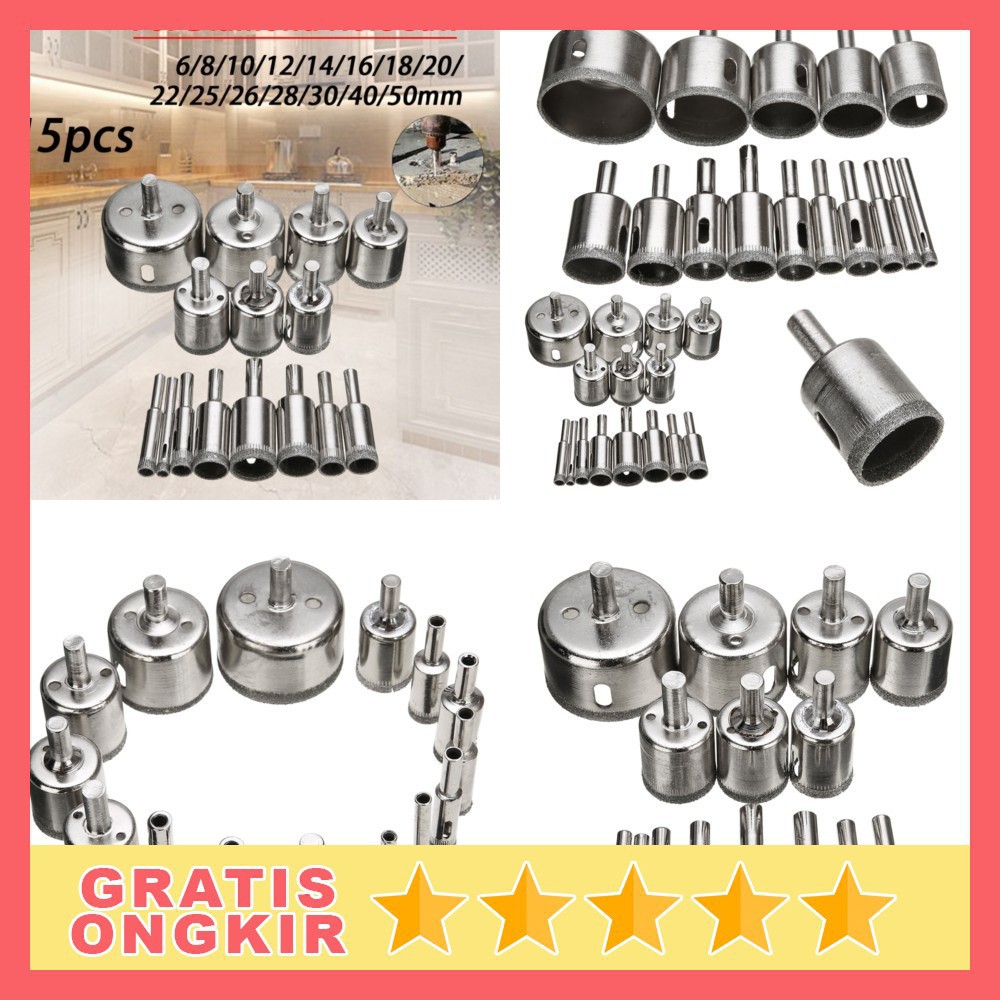 SH8-2 Set isi 16 / 15 / 10 Pcs Mata bor Keramik Kaca Marmer Bulat 1  Lubang Diamond Granit Besi Baja 8mm Sampai 50mm / Set MataBor Kaca Holesaw Hole Saw Keramik Granit Marmer Batu Porselen Permata Hss Pelubang Ceramic Original Asli