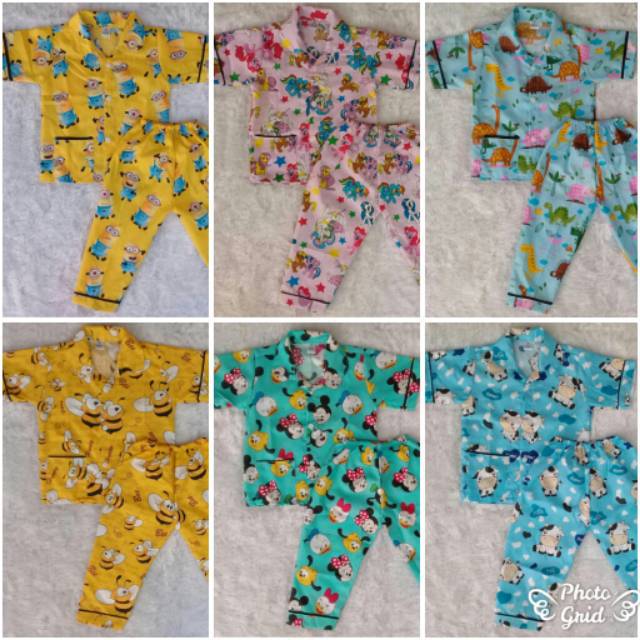 1Lusin Piyama Karakter Anak Katun Polymikro usia 0bulan - 4Tahun (Random) Mix size dan warna