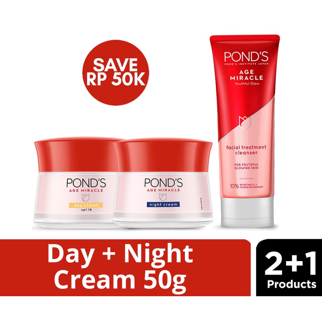 POND'S AGE MIRACLE DAY CREAM 50G + PONDS AGE MIRACLE NIGHT CREAM 50G + FOAM 100G