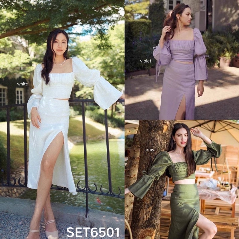 Setelan Atasan Sabrina Lengan Panjang Model Puff dengan Skirt Rok - Ready white, violet, army
