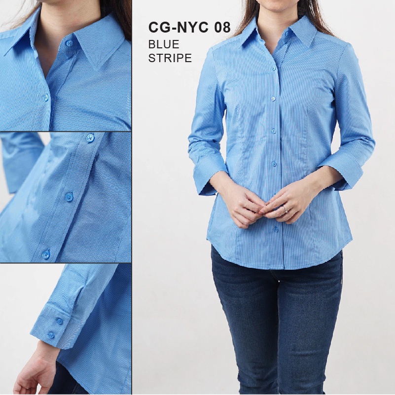 Kemeja Wanita Formal Full Kancing Lengan 7/8 Motif Stripe Katun Twill Stretch-4