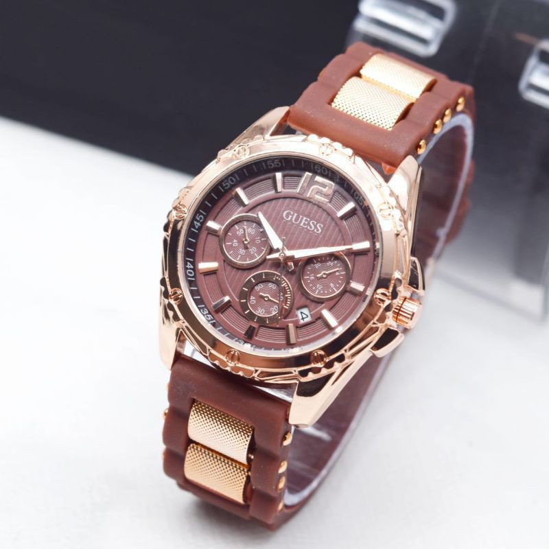 (Terima Cod)Jam Tangan Wanita FashionGuess Crono Variasi Tanggal Aktif Strap Rubber(Dikirim Jakarta)