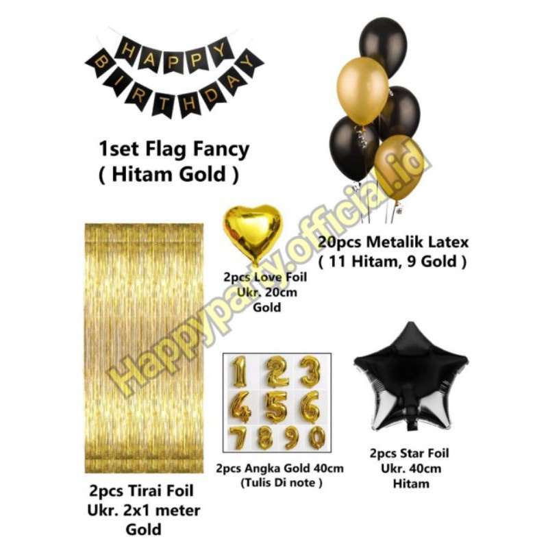 PAKET DEKORASI ULANG TAHUN/ HAPPY BIRTHDAY TEMA GOLD UK. 2 X 2 METER