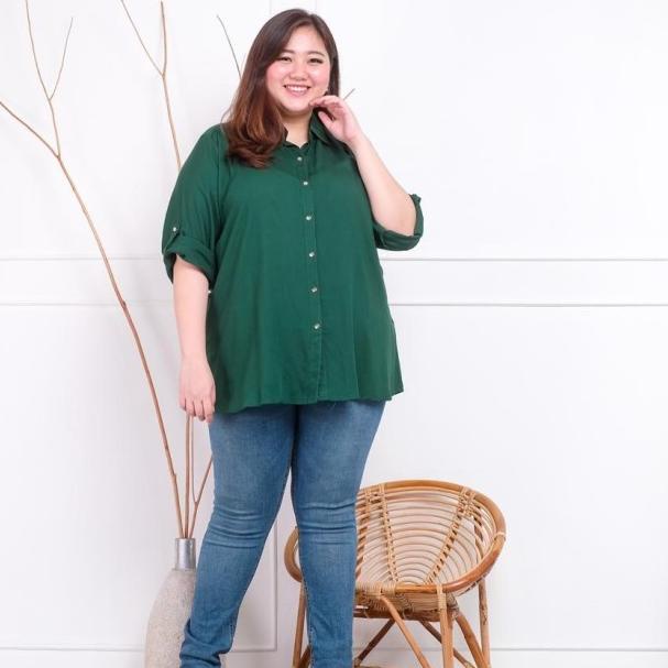 ♚ Atasan Kemeja Wanita Rayon Basic Polos Warna Hijau Botol XXL ◄