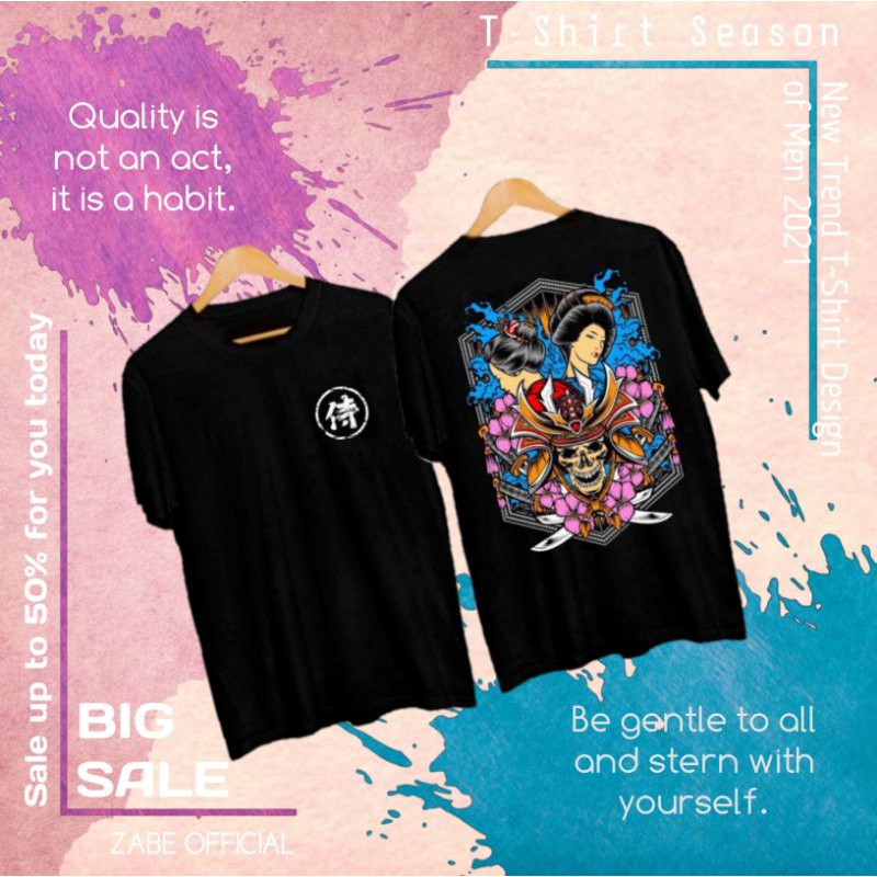TEKADA OFFICIAL T-shirt Kaos Distro Pria Geisha Samurai Tengkorak Bunga Sakura Jepang Hitam Size L