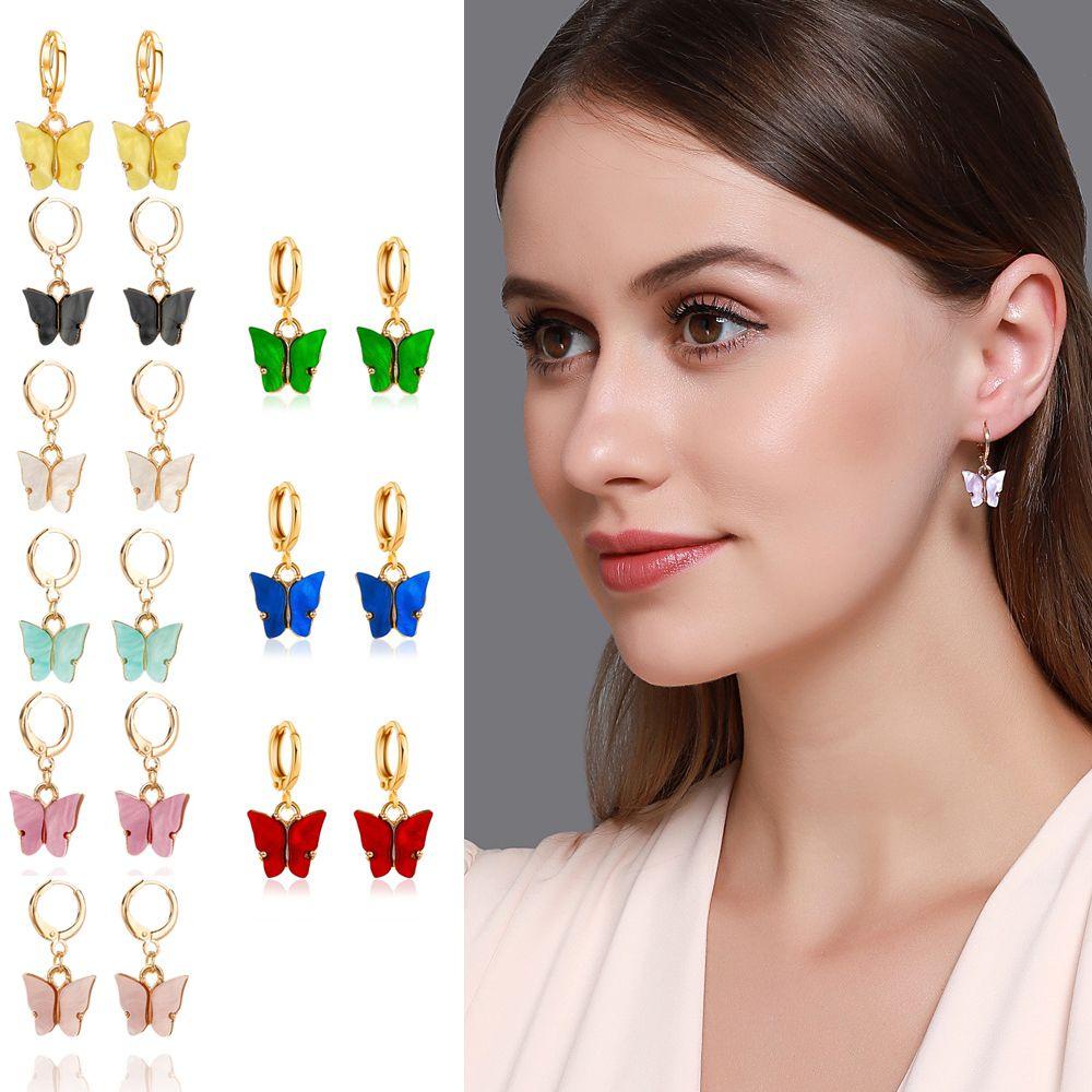 Anting Kupu-Kupu Nanas Wanita Lucu Warna-Warni Fashion Asimetris Vintage Menjuntai