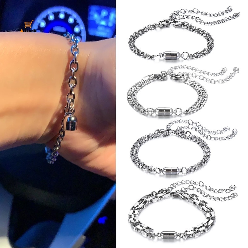 1 Pasang Gelang Rantai Magnetik Bahan Stainless Steel Dapat Disesuaikan Untuk Pasangan