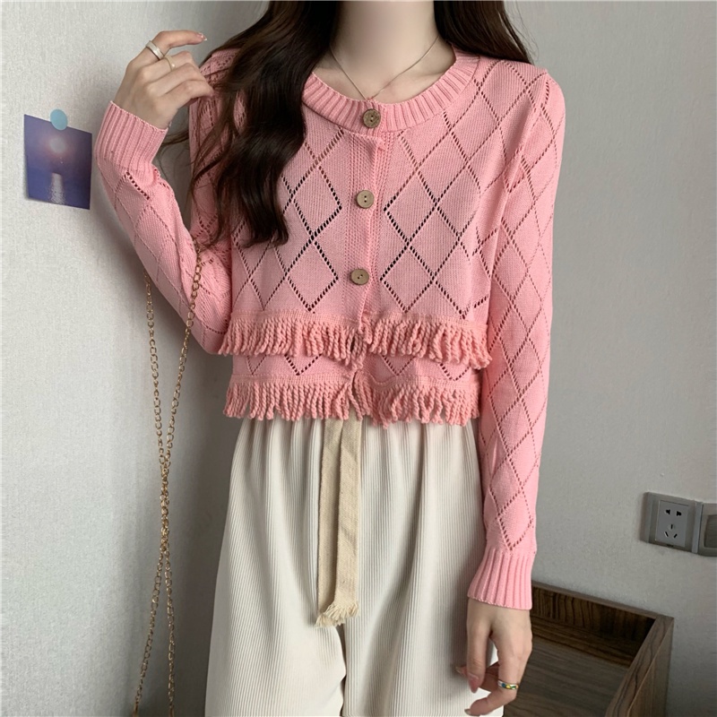 Cardigan Rajut Crop Top Polo Wanita Lengan Panjang