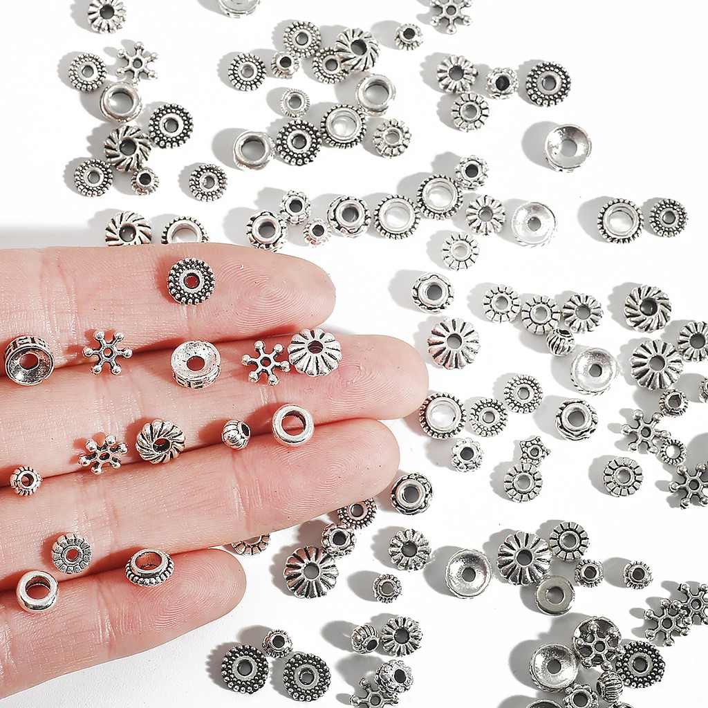 30/50/100/200 Pcs/Lot Mixed Diameter Mixed Aperture Antique Siilver Jewelry Components Alloy Bead Spacer for Making Bracelet