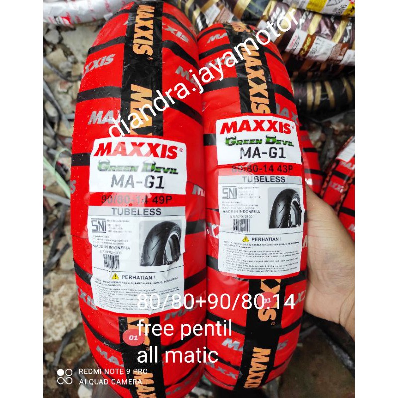 paket ban tubles matic maxxis green devil 80/80+90/80.14 depan+ belakang free pentil for all matic